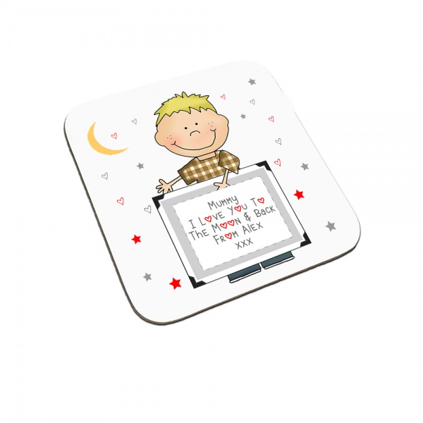 Personalised I Love You To The Moon & Back Child Coaster (Blonde Haired Boy)